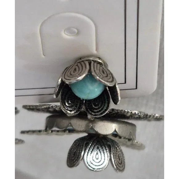 Vintage Screw Back Filigree Earrings Floral Turquoise Antique Silver Tone - Picture 3 of 8